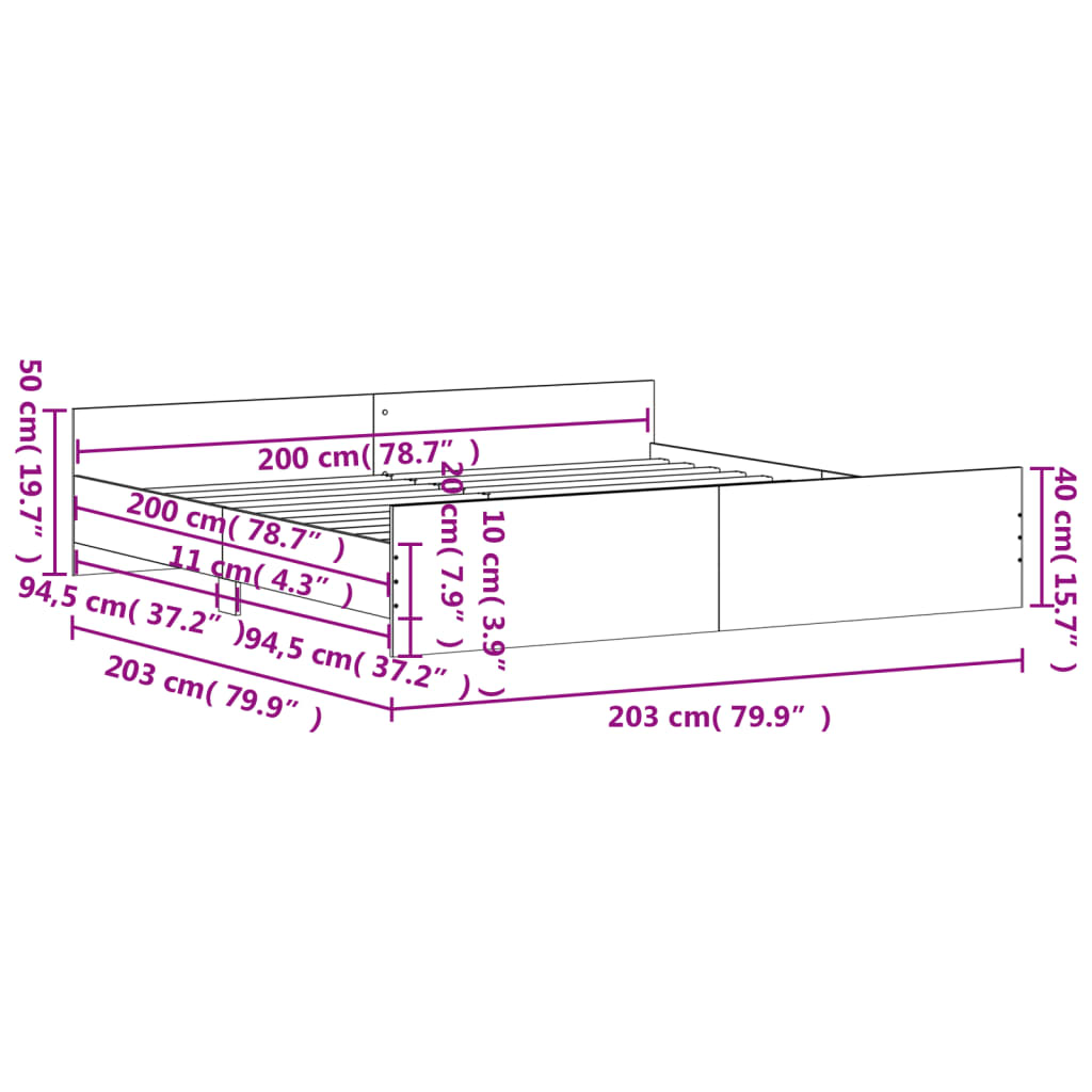 vidaXL Sengeramme med hode- og fotgavl grå sonoma 200x200 cm