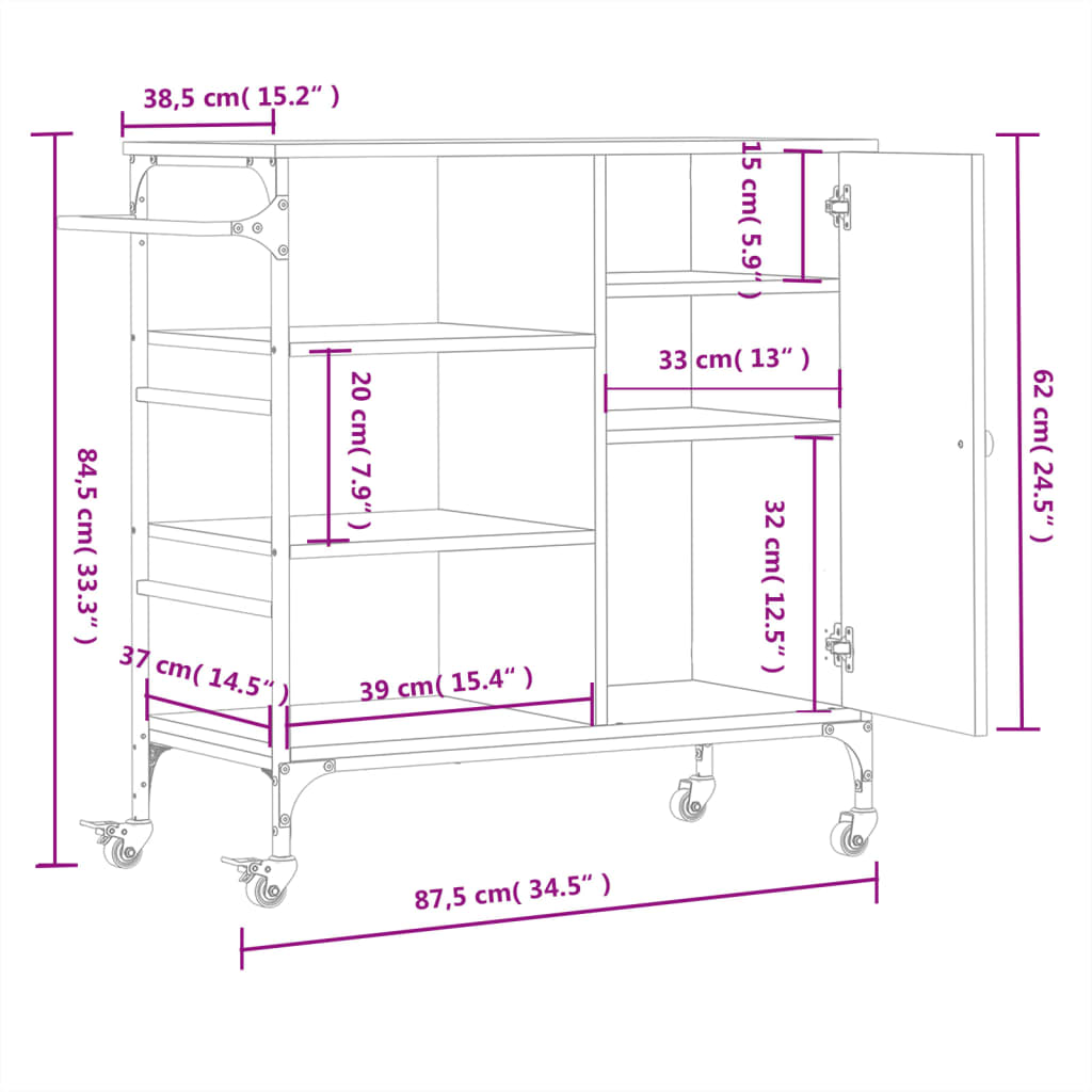 vidaXL Kjøkkentralle sonoma eik 87,5x38,5x84,5 cm konstruert tre