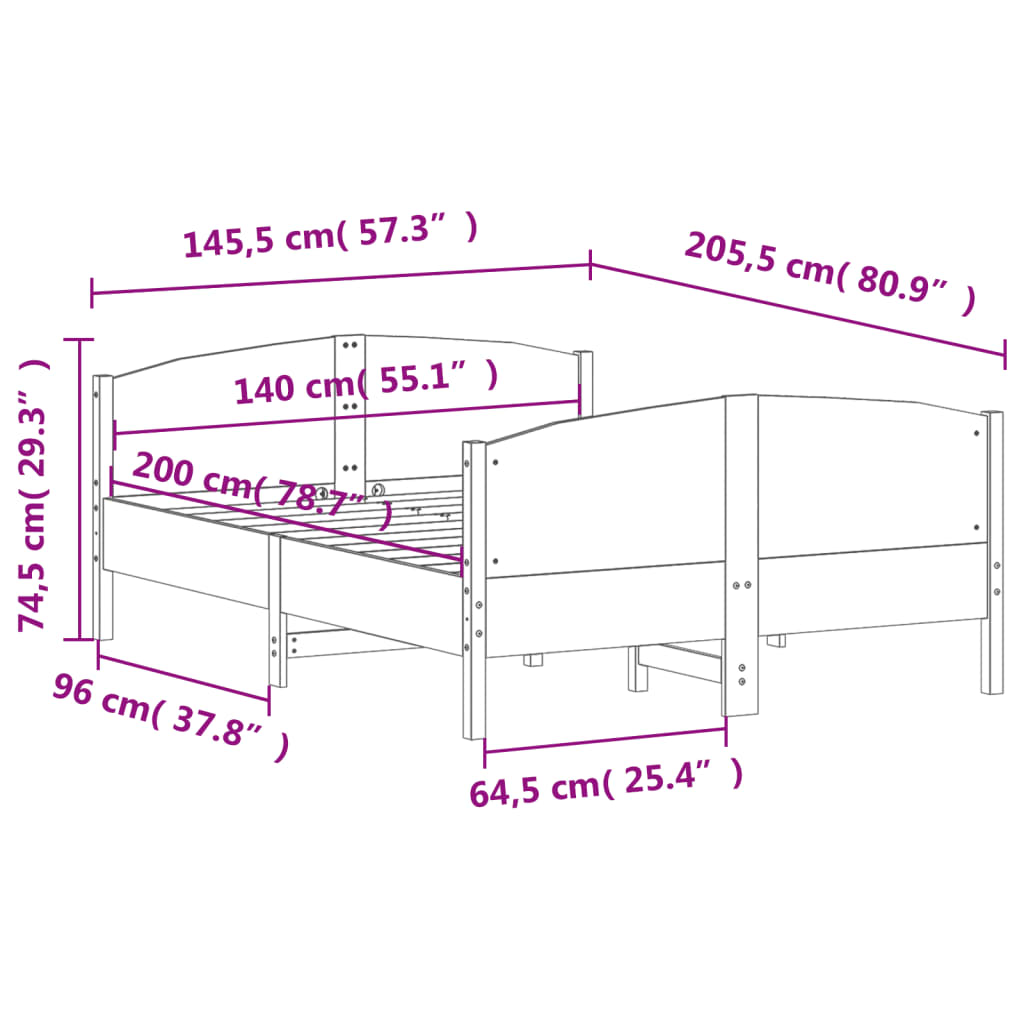 vidaXL Sengeramme uten madrass 140x200 cm heltre furu