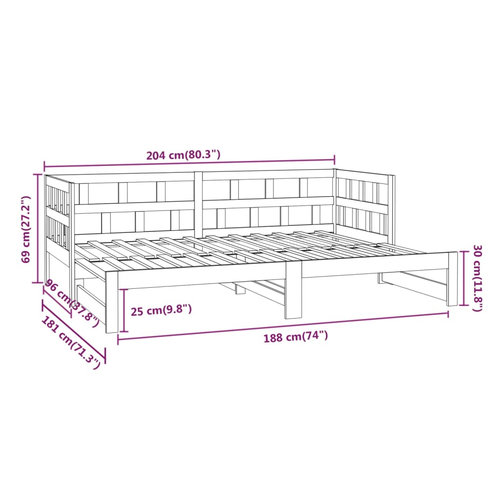 vidaXL Uttrekkbar dagseng grå heltre furu 2x(90x200) cm