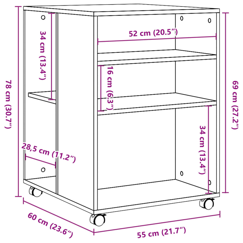 vidaXL Sidebord med hjul betonggrå 55x60x78 cm konstruert tre