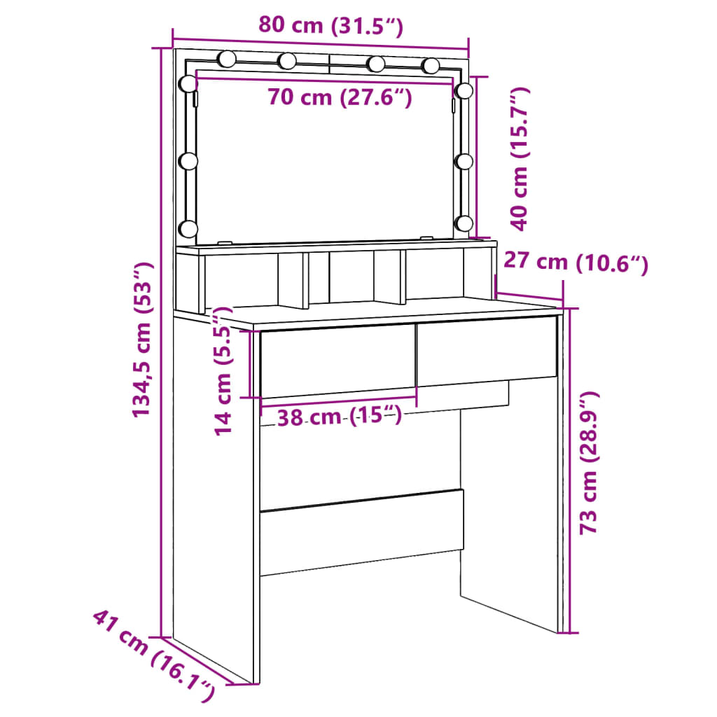 vidaXL Sminkebord med LED røkt eik 80x41x134,5 cm