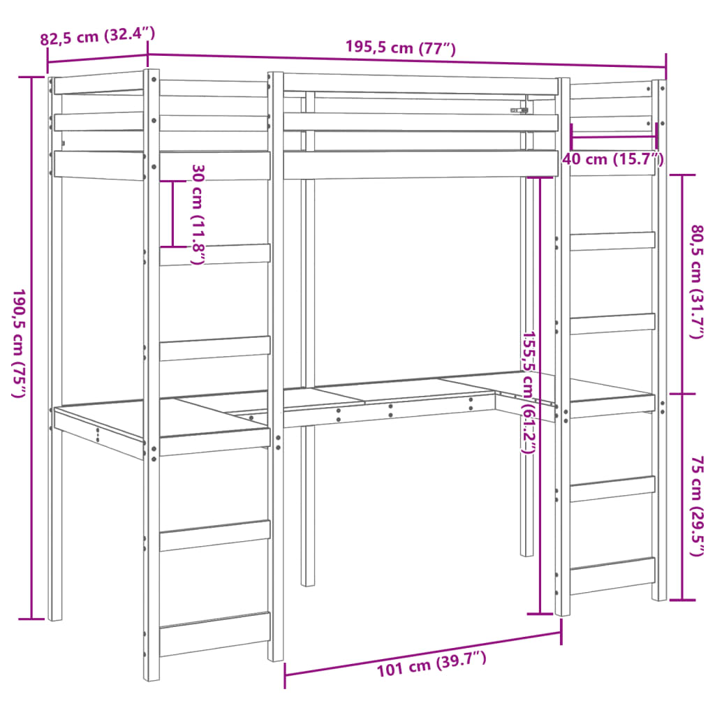 vidaXL Ramme for loftseng uten madrass 75x190 cm heltre furu