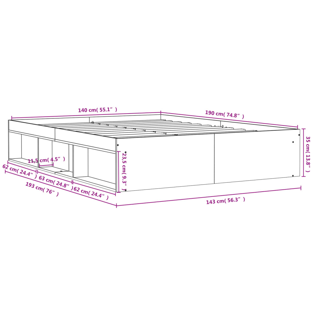 vidaXL Sengeramme sonoma eik 140x190 cm