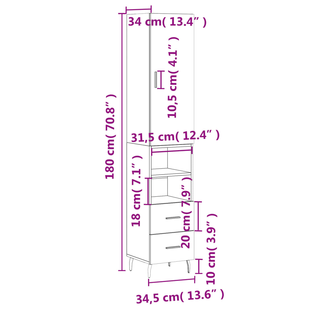 vidaXL Highboard røkt eik 34,5x34x180 cm konstruert tre