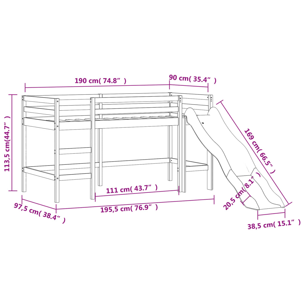 vidaXL Køyeseng for barn med tårn rosa 90x190 cm heltre furu