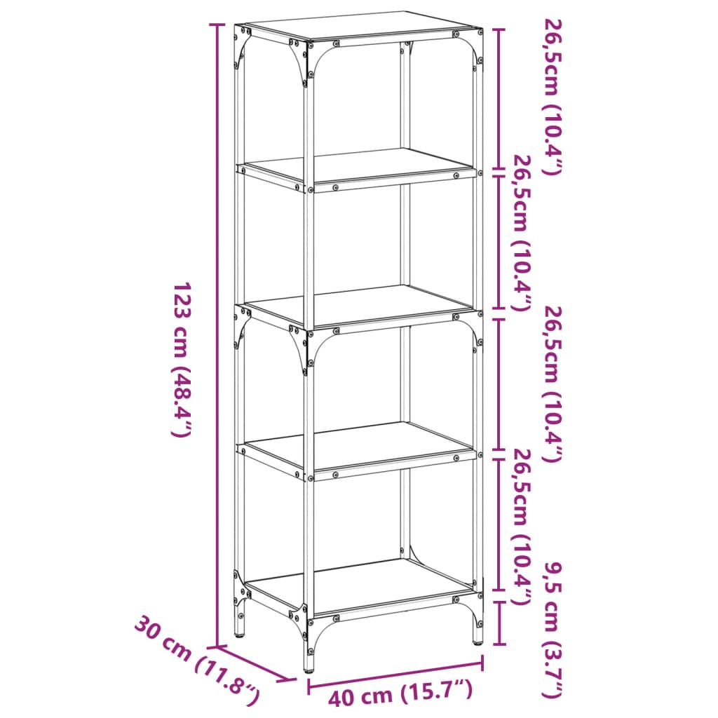 vidaXL Hyller med svart glassplate 40x30x123 cm stål