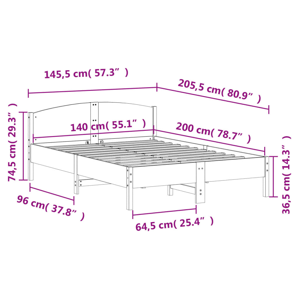 vidaXL Sengeramme uten madrass hvit 140x200 cm heltre furu