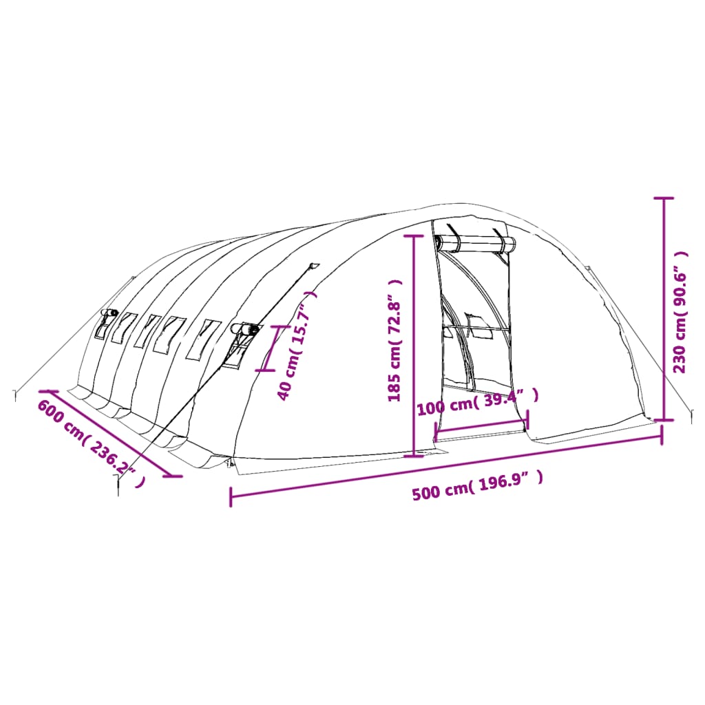 vidaXL Drivhus med stålramme hvit 30 m² 6x5x2,3 m