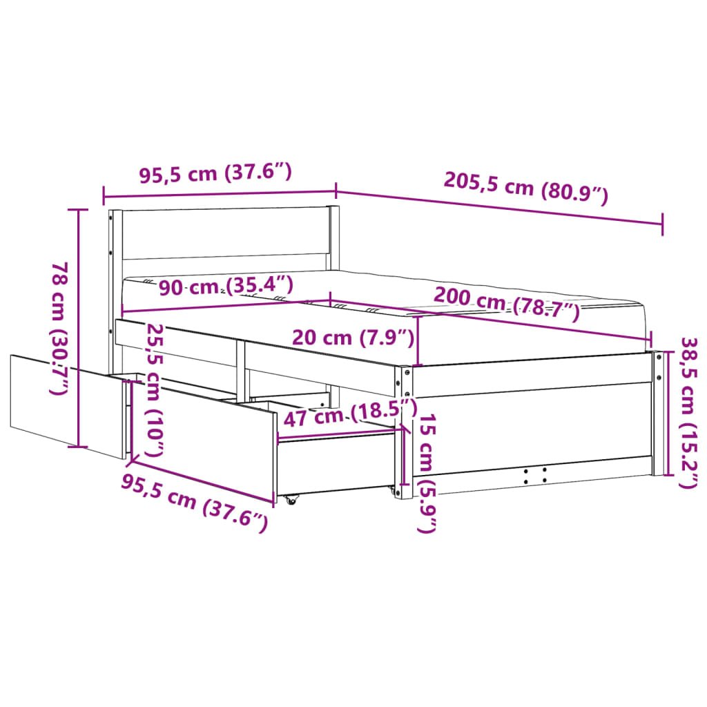 vidaXL Seng med skuffer og madrass hvit 90x200 cm heltre furu