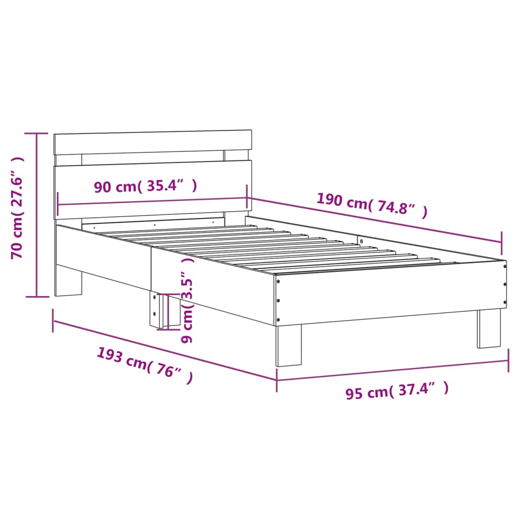 vidaXL Sengeramme uten madrass med hodegavl sonoma eik 90x190 cm