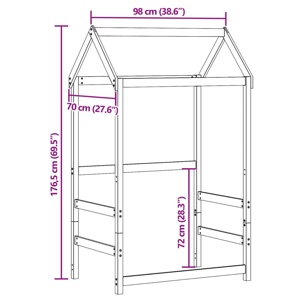 vidaXL Tak for barneseng hvit 98x70x176,5 cm heltre furu