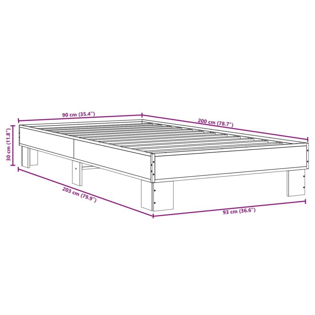 vidaXL Sengeramme røkt eik 90x200 cm konstruert tre og metall