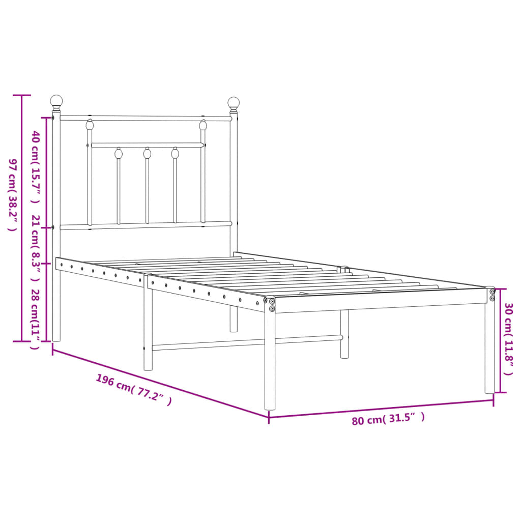 vidaXL Sengeramme i metall uten madrass med hodegavl hvit 75x190 cm