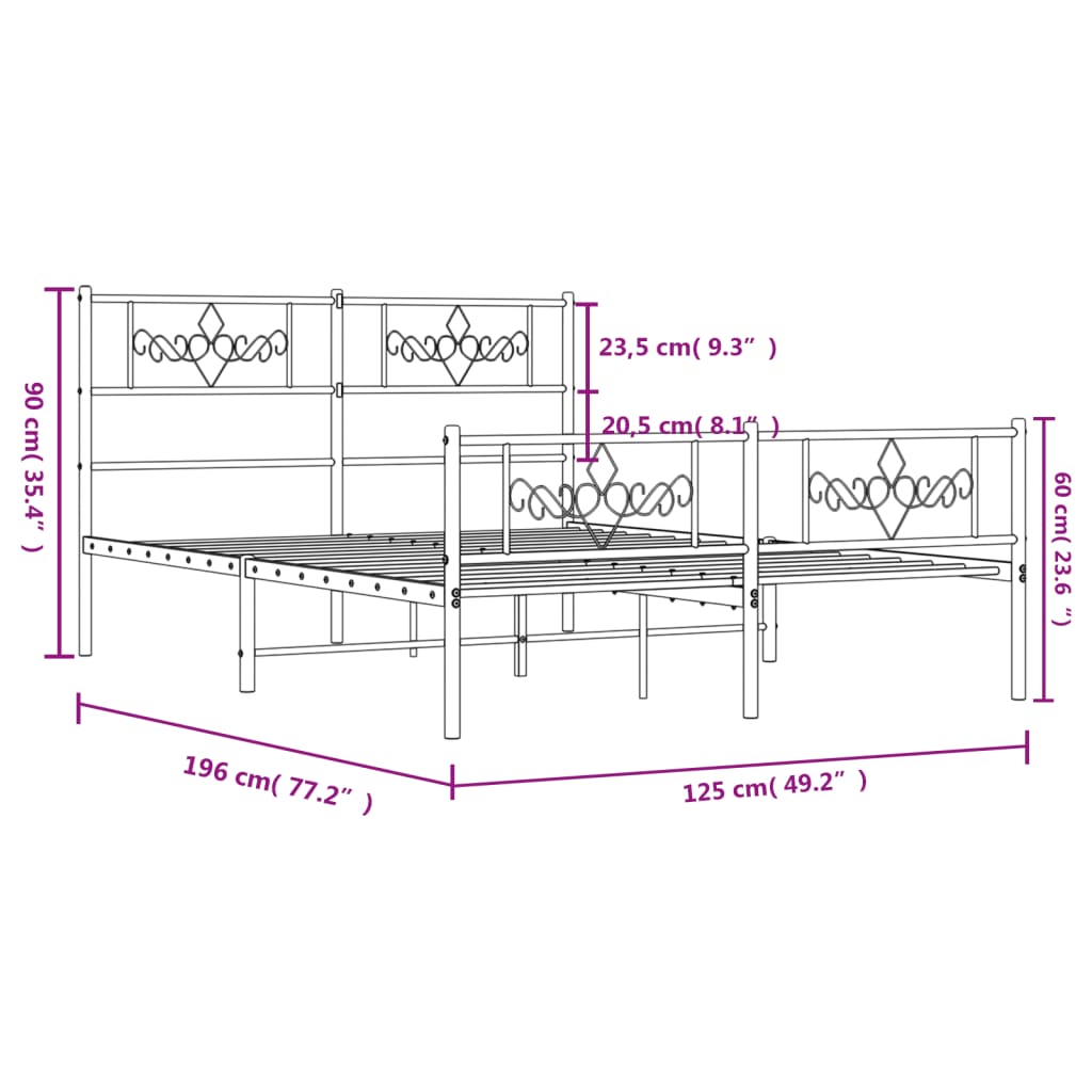 vidaXL Sengeramme i metall med hode- og fotgavl hvit 120x190 cm