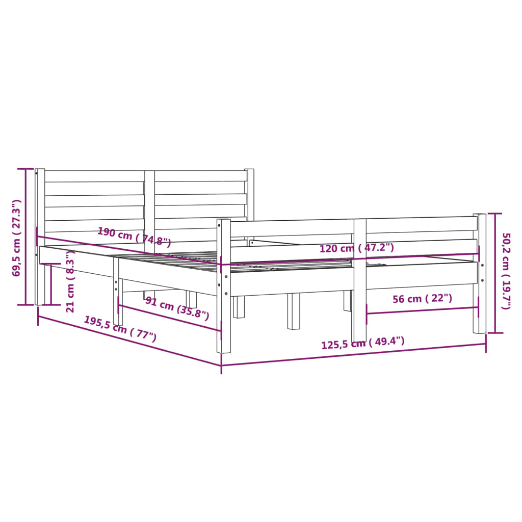 vidaXL Sengeramme honningbrun heltre 120x190 cm Small Double