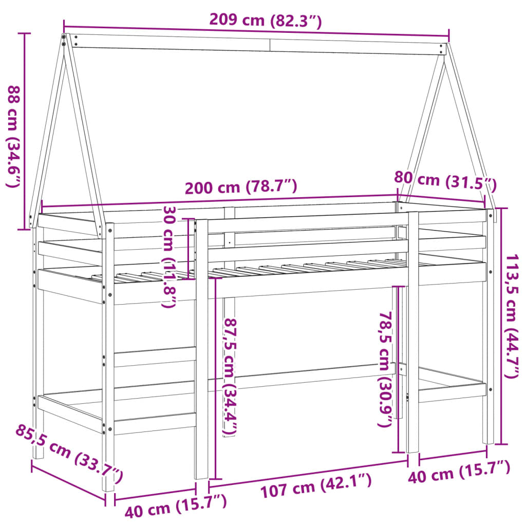 vidaXL Køyeseng med stige og tak 80x200 cm heltre furu