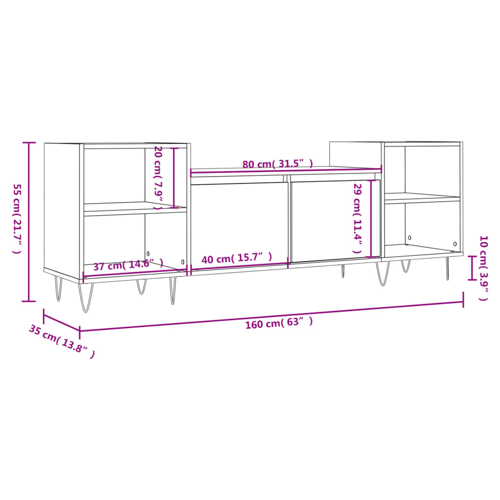 vidaXL TV-benk sonoma eik 160x35x55 cm konstruert tre