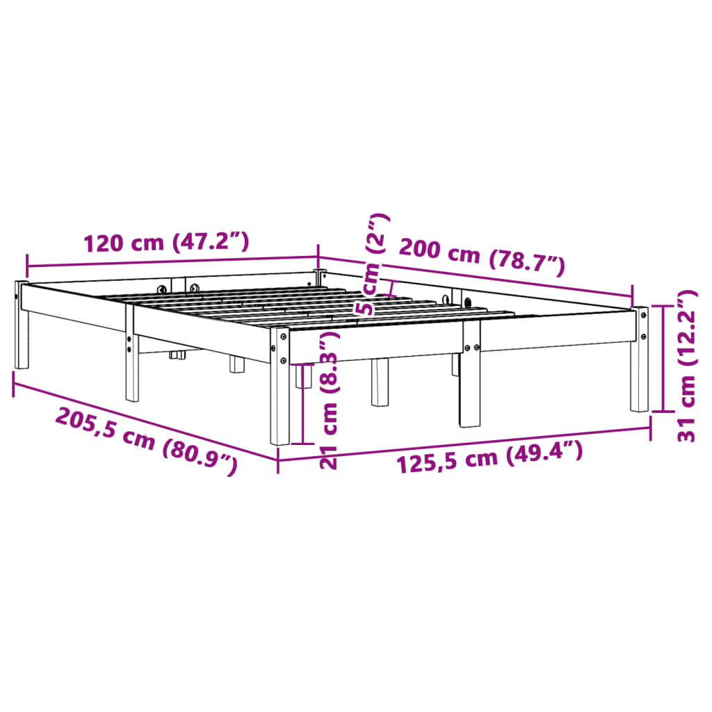 vidaXL Sengeramme uten madrass voksbrun 120x200 cm heltre furu