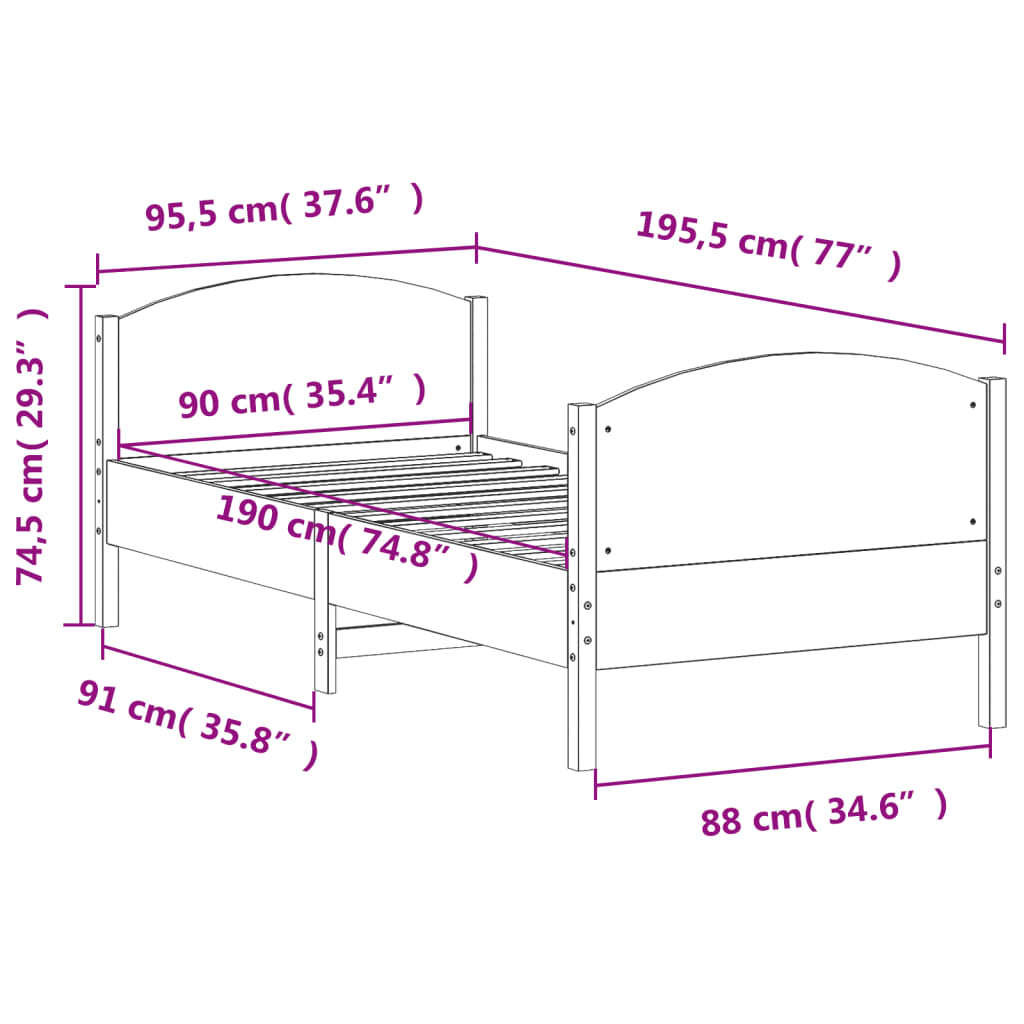 vidaXL Sengeramme uten madrass 90x190 cm heltre furu