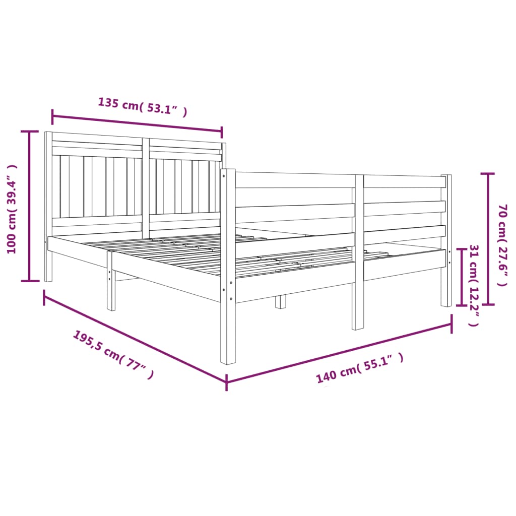 vidaXL Sengeramme hvit 135x190 cm Double heltre