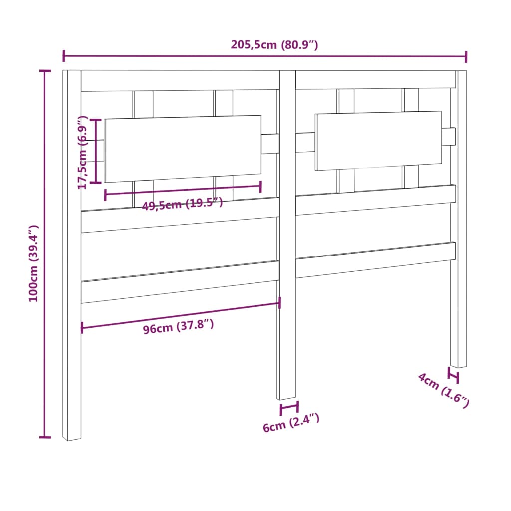 vidaXL Sengegavl 205,5x4x100 cm heltre furu