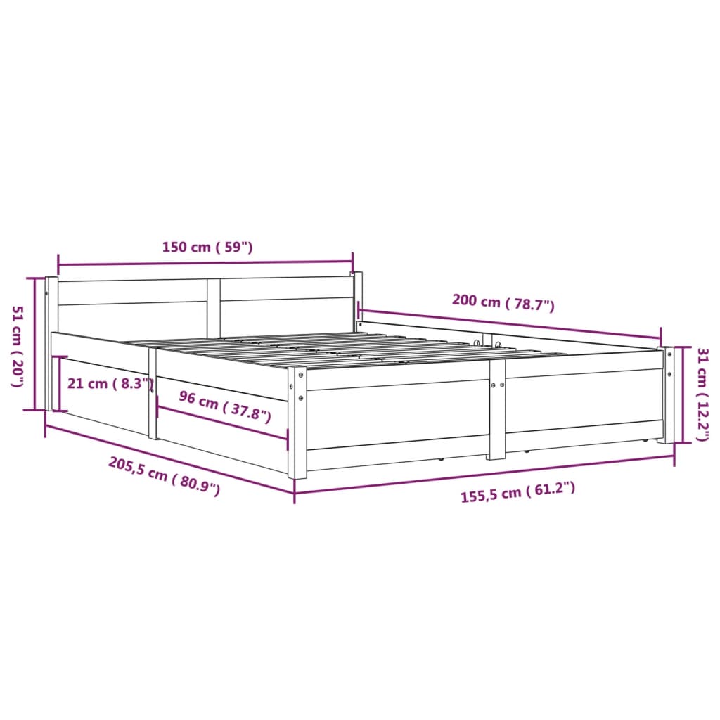 vidaXL Sengeramme med skuffer hvit 150x200 cm King Size