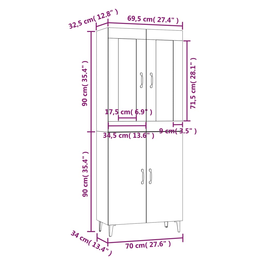 vidaXL Highboard høyglans hvit 70x34x180 cm konstruert tre