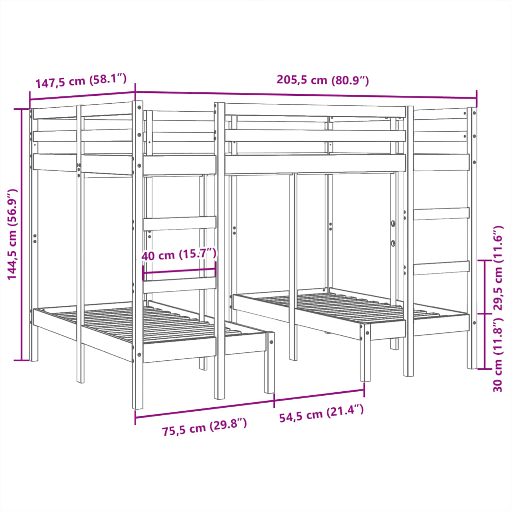 vidaXL Trippel ramme for køyeseng hvit 140x200/70x140 cm heltre furu