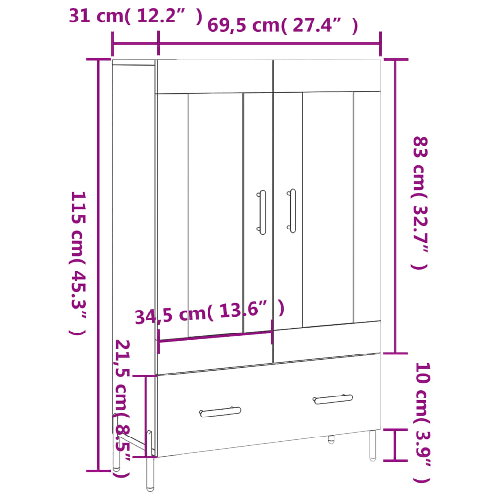 vidaXL Highboard brun eik 69,5x31x115 cm konstruert tre