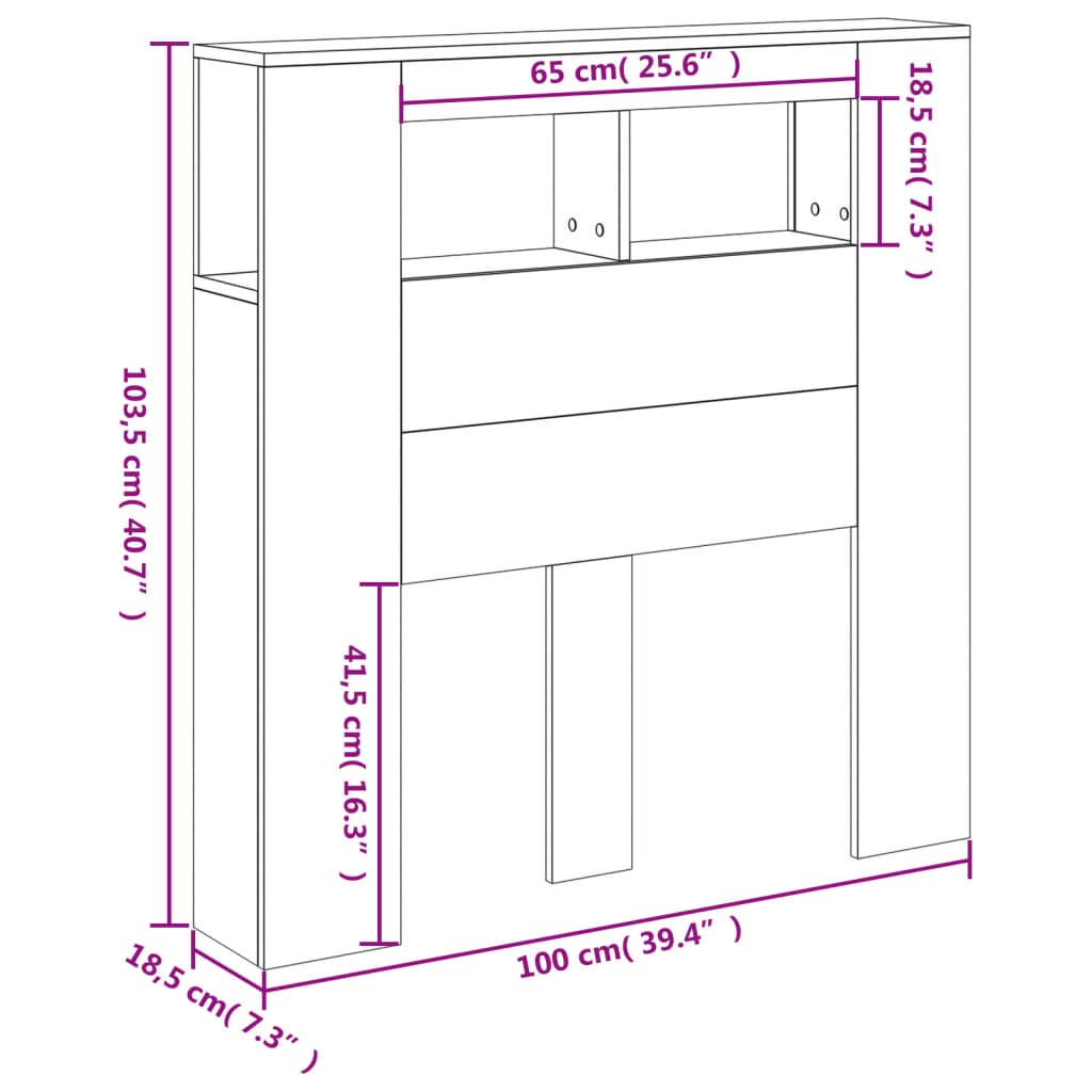 vidaXL Sengegavl med LED svart 100x18,5x103,5 cm konstruert tre