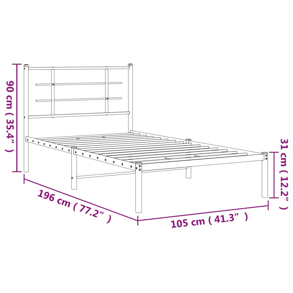 vidaXL Sengeramme i metall med hodegavl hvit 100x190 cm