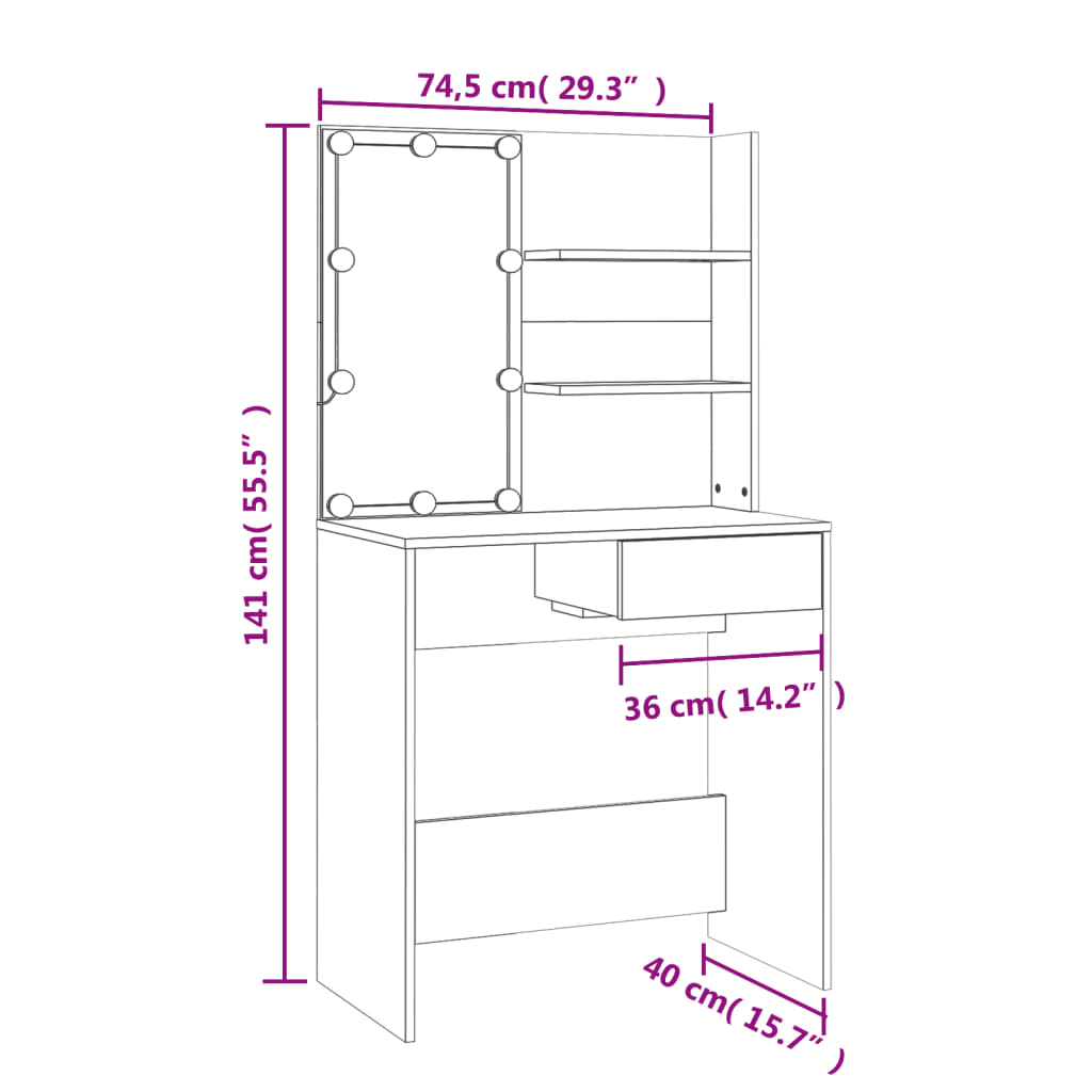 vidaXL Sminkebord med LED brun eik 74,5x40x141 cm