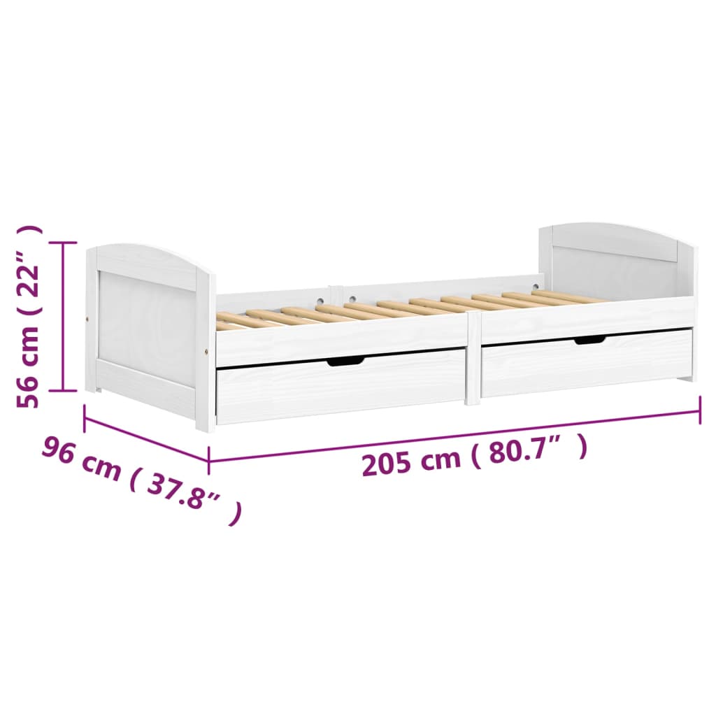 vidaXL Dagseng med 2 skuffer IRUN hvit 90x200 cm heltre furu