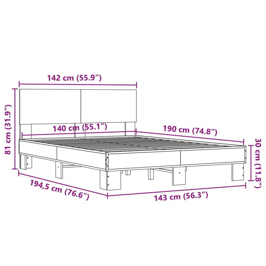 vidaXL Sengeramme sonoma eik 140x190 cm konstruert tre og metall