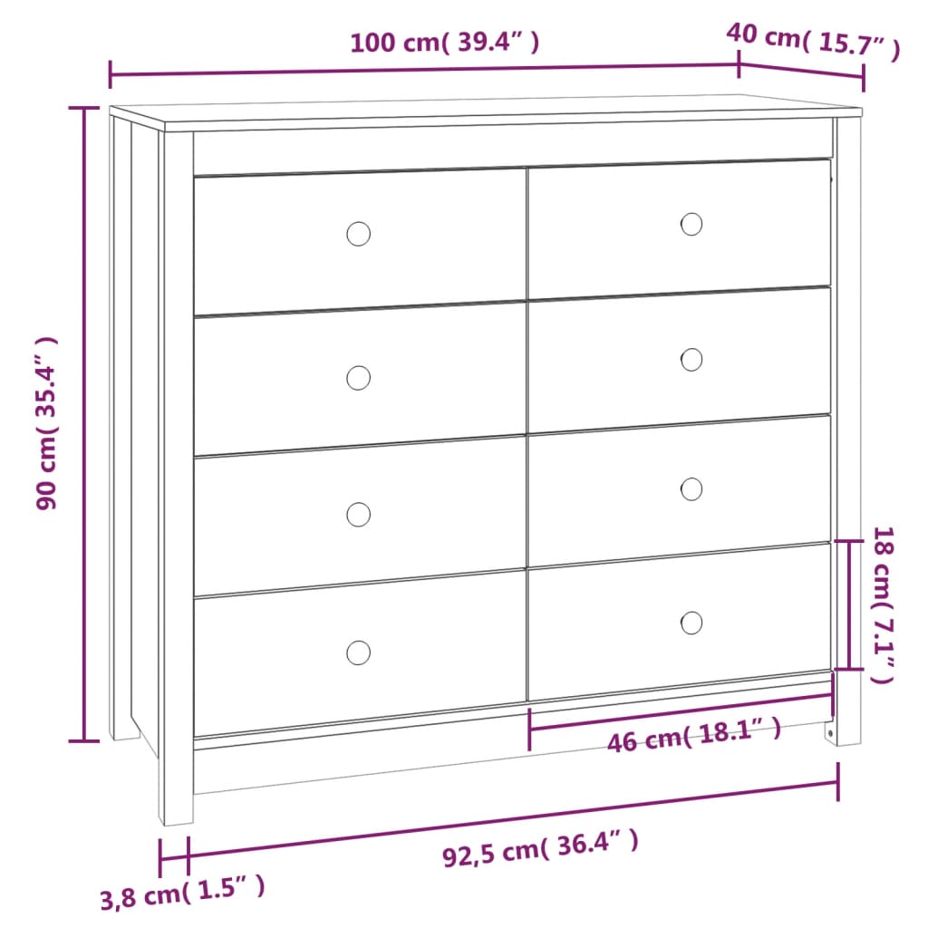 vidaXL Sideskap 100x40x90 cm heltre furu