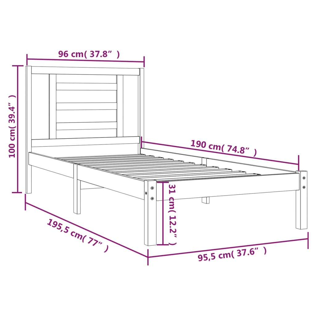 vidaXL Sengeramme svart heltre furu 90x190 cm Single