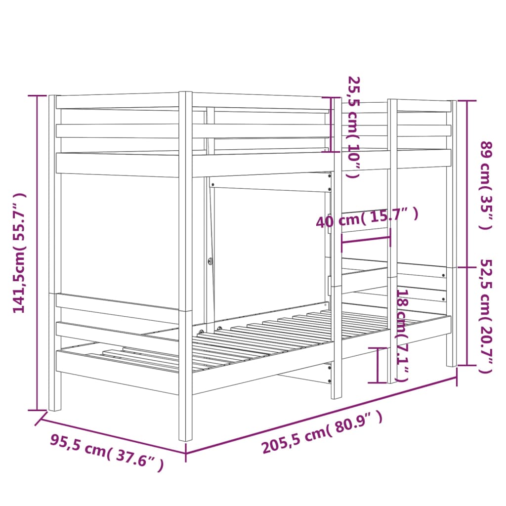 vidaXL Køyeseng uten madrass 90x200 cm heltre furu