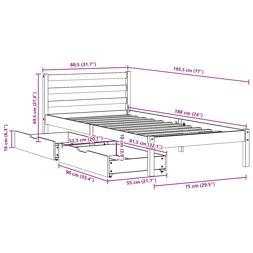 vidaXL Sengeramme uten madrass hvit 75x190 cm heltre furu