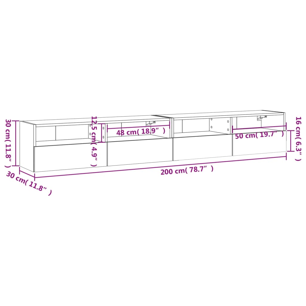 vidaXL Vegghengte TV-benker 2 stk betonggrå 100x30x30cm konstruert tre