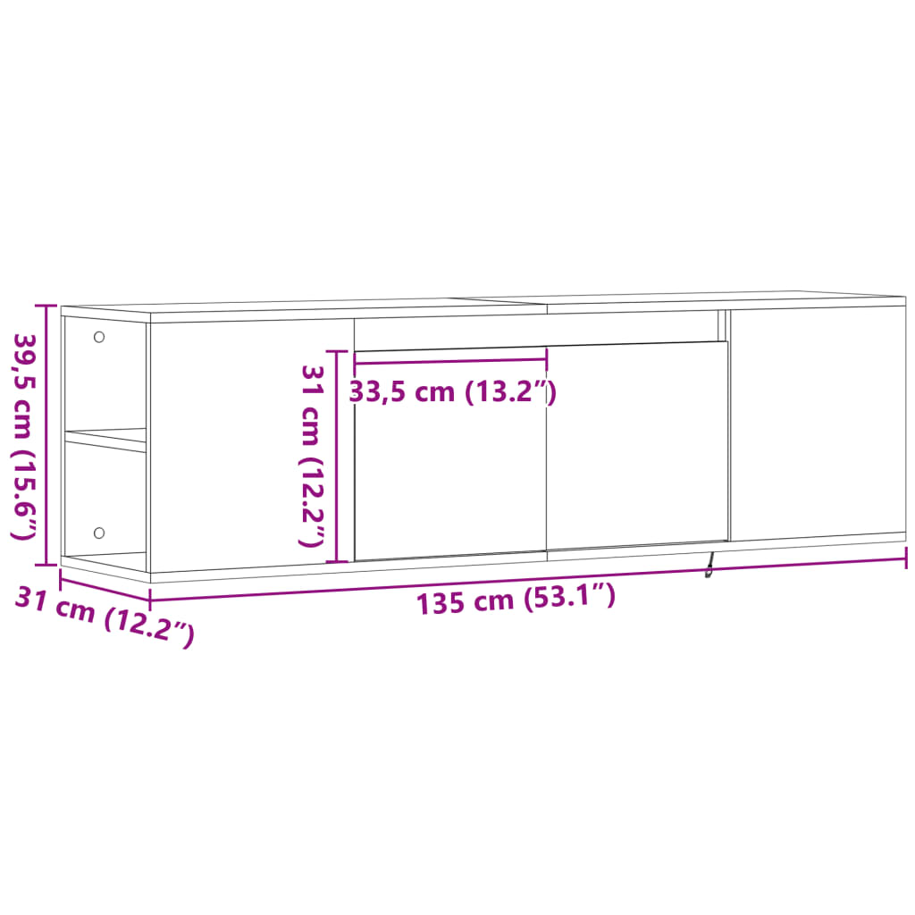 vidaXL Vegghengt TV-benk med LED-lys betonggrå 135x31x39,5 cm