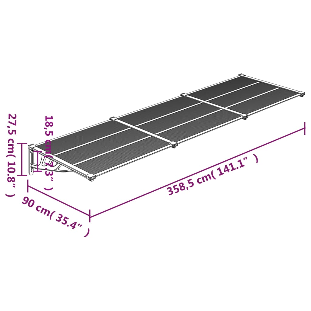 vidaXL Skjermtak svart og gjennomsiktig 358,5x90 cm polykarbonat