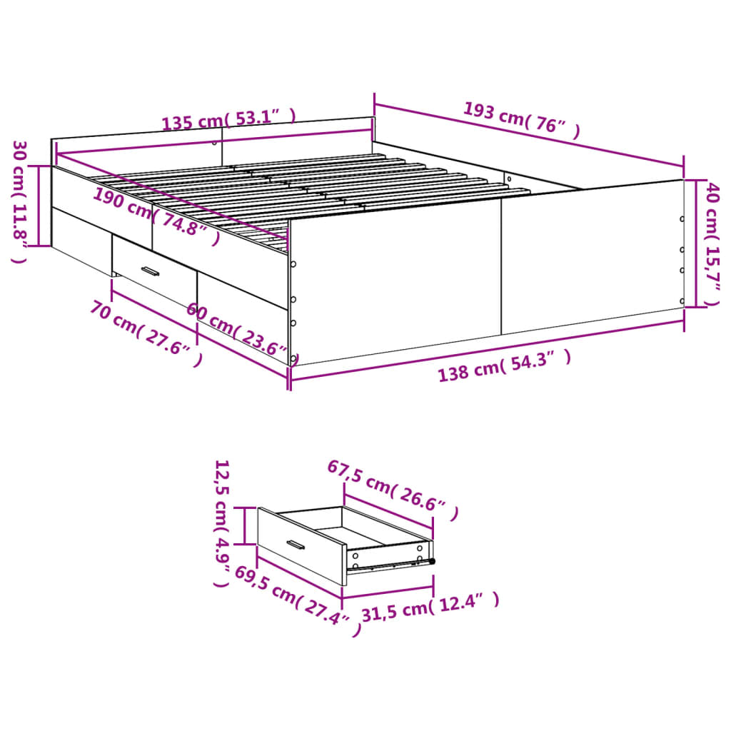 vidaXL Sengeramme med skuffer hvit 135x190 cm konstruert tre