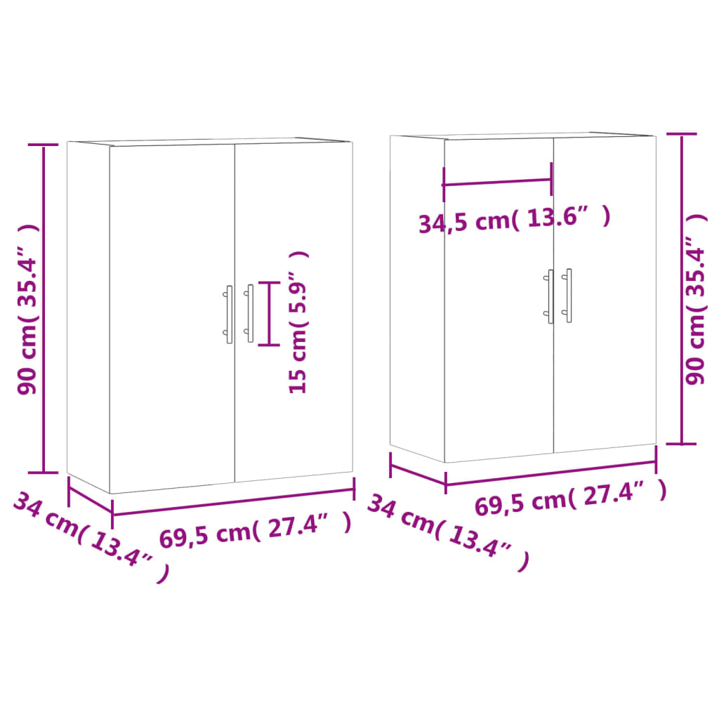 vidaXL Veggskap 2 stk brun eik 69,5x34x90 cm