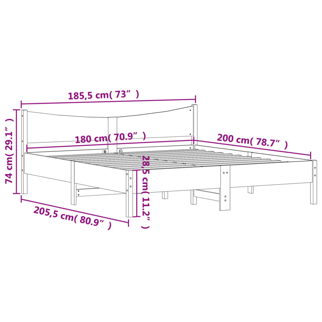 vidaXL Sengeramme uten madrass hvit 180x200 cm heltre furu