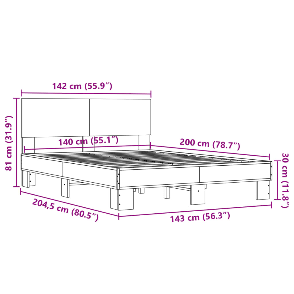 vidaXL Sengeramme sonoma eik 140x200 cm konstruert tre og metall