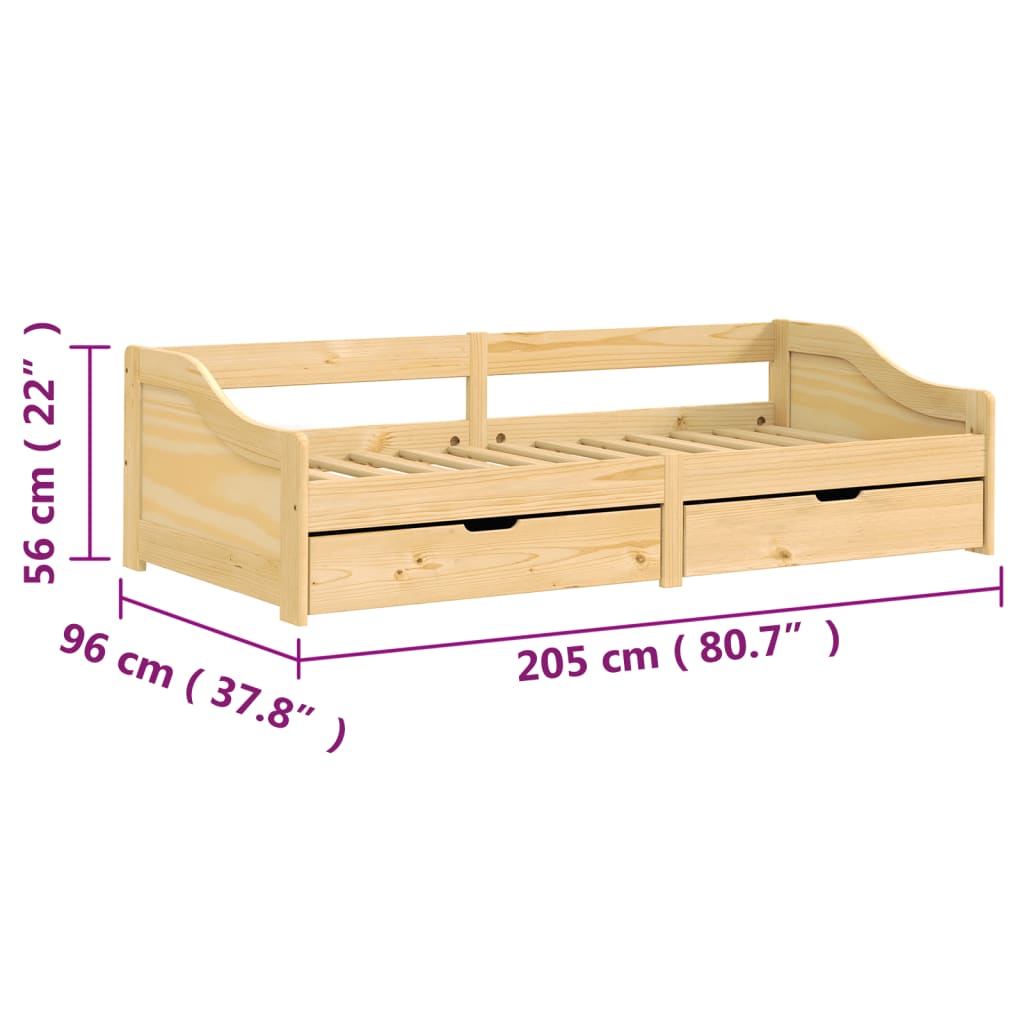 vidaXL Dagseng med 2 skuffer IRUN 90x200 cm heltre furu