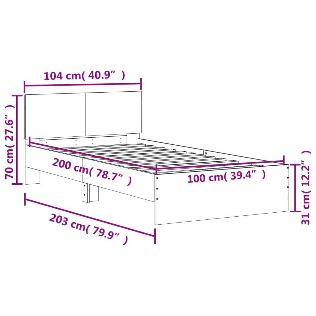 vidaXL Sengeramme med hodegavl og LED-lys grå sonoma 100x200 cm