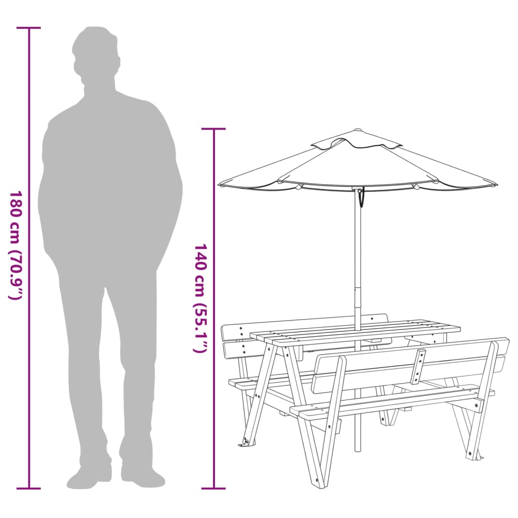 vidaXL Piknikbord for 4 barn med parasoll heltre gran