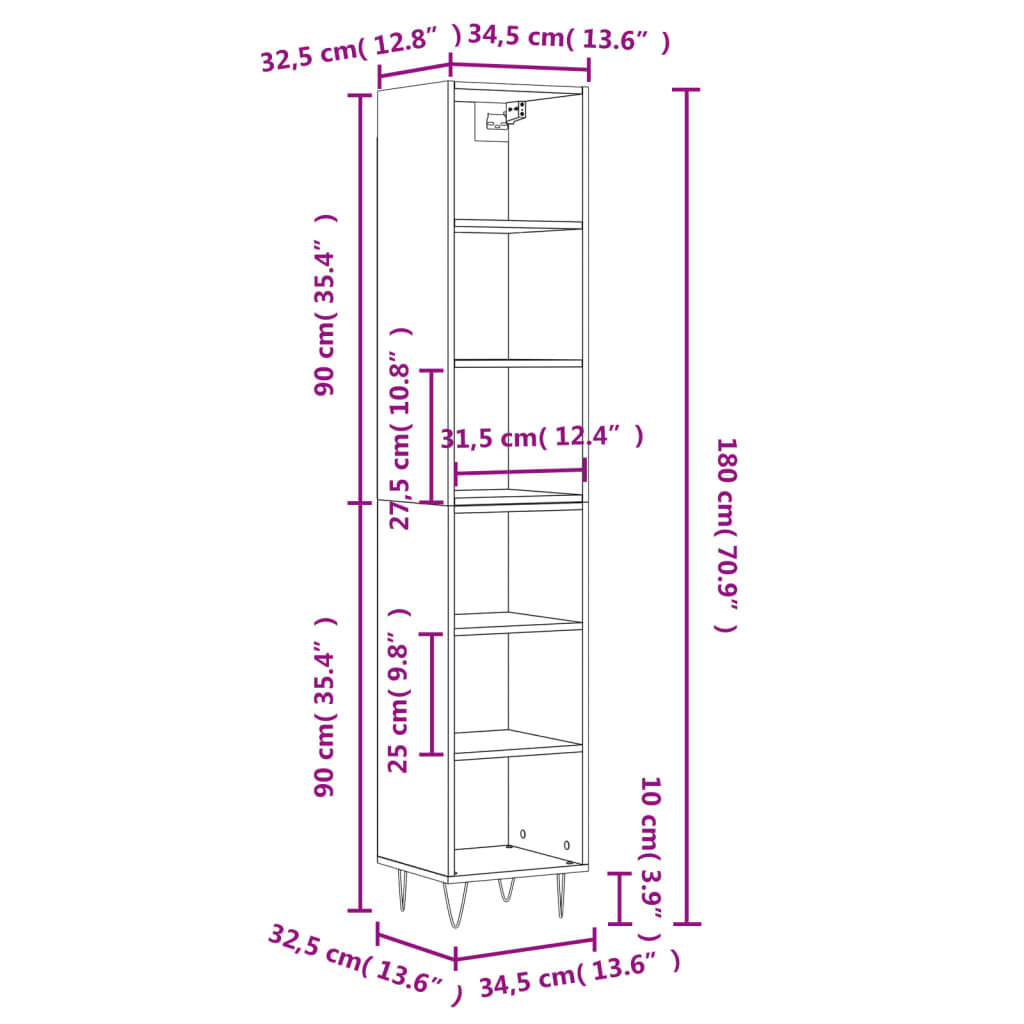 vidaXL Highboard hvit 34,5x32,5x180 cm konstruert tre